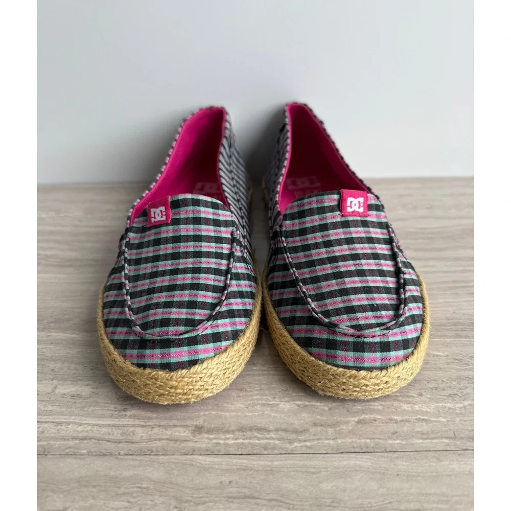 DC Y2K Shoes Slip On Villainess Jute Plaid Green Pink Women 8.5 Skate Streetwear